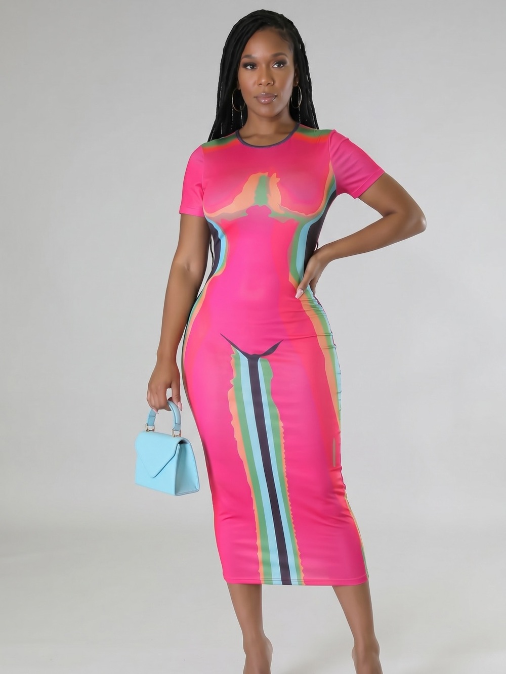 Boutique Pink Abstract Print Bodycon Maxi Dress | Size Medium